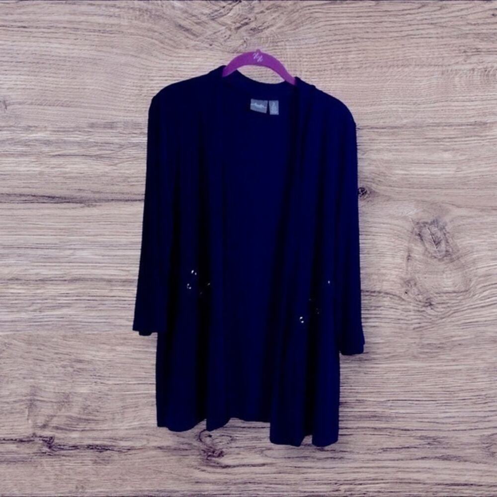 Chicos travelers 2 navy blue cardigan, 3/4 sleeve. Large laced design